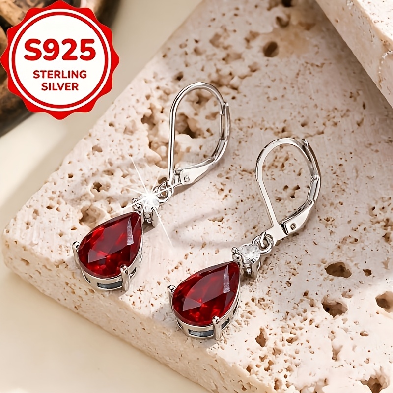 Women's 2pc S925 Sterling Silver Red Teardrop Drop Earrings